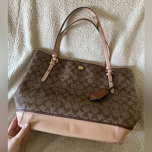 Brown and Tan Monogram Coach Tote with Leather Trim